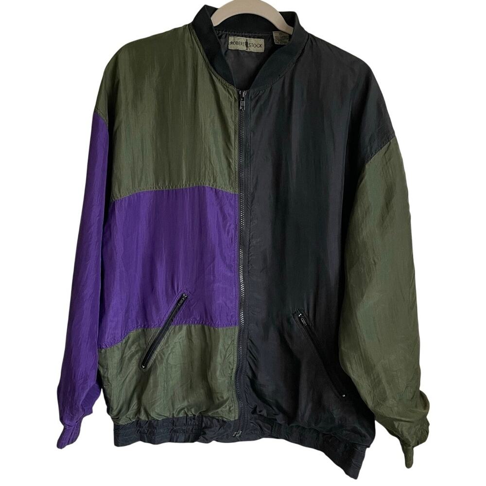 Robert Stock Vintage Mens Silk Bomber Jacket Sz M Colorblock Full Zip 90's Retro